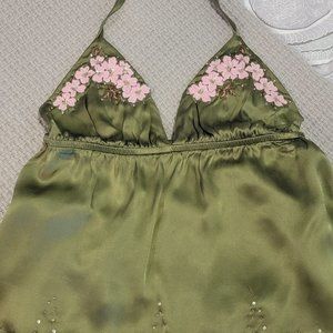 green silver baby doll tank with pink flower detail